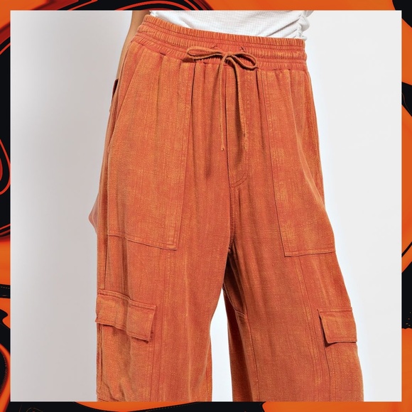 EASEL "Linen Lounge" Cotton Blend Mineral Washed Wide Leg Pants W/ Cargo Pockets - Picture 11 of 15